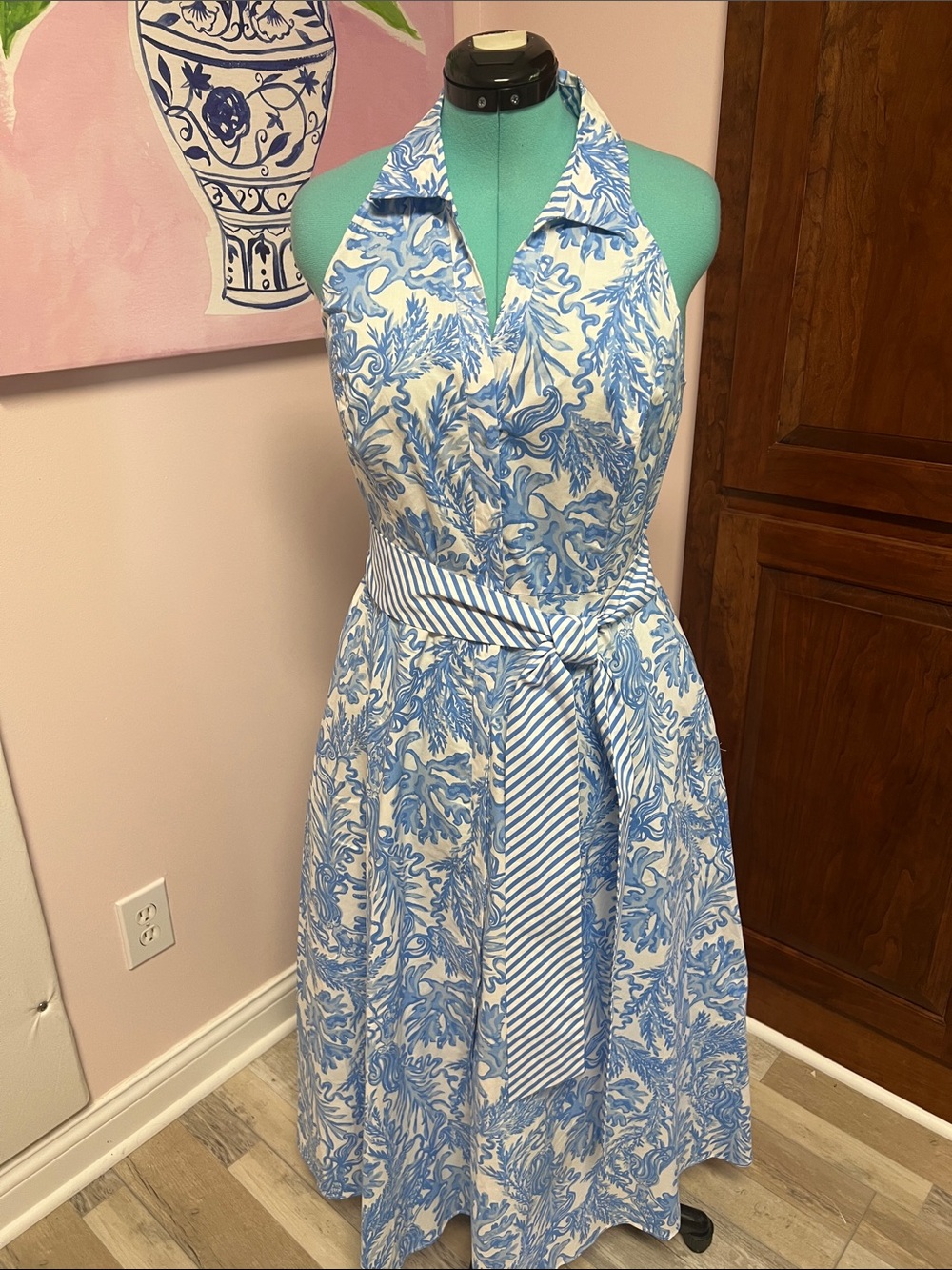 Lilly Pulitzer Blue and White Halter Midi Dress with Striped Waist Tie